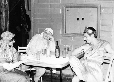 1987 - The first Purimspiel in Tallinn after WWII 
This Purimspiel was held in sauna belonging to David Slomka. 
Left to right: Alla Manoim (Hazkin), Boris Manoim, Jakob Grinstein
