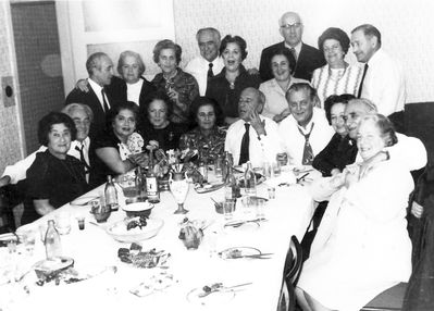 1972 - Rybak's farewell party (12/1972)
Before moving to Israel. Left to right.
Sitting: Elja Gens (Saltsman); Dr Schmuel Saltsman; Olga Rapoport (Kletsky); Dina Saltsman (Goldberg); Olga Kan (Kan); Ilja (Alja) Isrin; Samuil Rybak; Bronislava (Boba) Golomb (Dymschits); Dr Moisei Serman; Sonja Serman (Lopavok)
Standing (from left): Leo (Moritz) Ginovker, Ruth Rybak (Goldmann); Paula Pakkin (Josselov); Geha Lipavsky; Dora Geruchmanov (Rybak); Njuta Ginovker (Beilinson, nee Klas); Leva Trapido; Gina Trapido (Amitan); Hirsch Geruchmanov 
Keywords: [G] [S] [K] [I] [D] [L] [P] [J] [T] [A] [R]