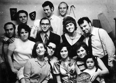 Farewell youth party - December 1972
Farewell party to Mark Rybak - leaving for Israel. 1972.
Left to right:
Top: Grigori Trapido, Juzef Luvistsuk, Lev Beilinson
Middle: Ilja Gens, Sofia Paturski (Rubanovitsch), Jakob Paturski, Noemi Trapido (Sverdlov), Zali Rosenblum
Bottom: Beata Rosenblum (Gens), Mark Rybak, Rina Luvistsuk (Serman), Julia Beilinson with Dan Beilinson
