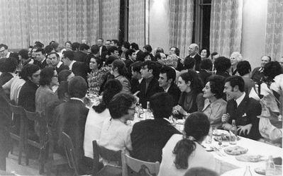 1971 - Tallinn youth at J. Schaikevitsch 50th jubilee after performance of "Anne Frank" - 3/1971
Left to right.
Front table facing us: Jakov Paturski, Sofa Paturski (Rubanovitsch), Salik Rosenblum, Beata Rosenblum (Gens), Jusef Luvistsuk, Rina Holm (Luvistsuk, nee Serman), llja Gens, Mark Rybak, Alla Jakobson, Ruben (Rudik) Murschak, Larissa Rabinovitsch (Kogan), Leo Kitt, Boris Potaschnik, ?, ?, ?, Ruven Katsev 
Keywords: [history]