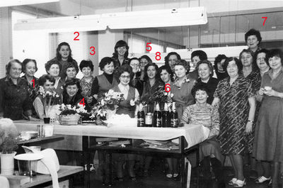 Milliners department of the Services house (Teenistusmaja) - Tallinn, around 1980
Among the milliners were many Jewish women.
1 - Hesse Kit (Blechman s. Pozaisky), 2 - Ira Feldman (Janovski), 3 - Sara Baron, 4 - Gaya (Avigail) Fainshtein (Sherman, nee Lutrin), 5 - Resi Epstein, 6 - Jana Gluchovski (Umov), 7 - Meri Schagal, 8 - Ira Tilker (Schagal)
Missing on the picture is Lea Isrin (Schein, nee Citron) 
