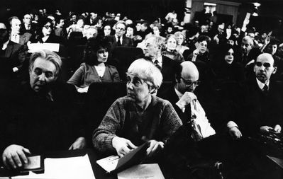 1991 - Estonian Cultural Society annual conference in Sakala cultural center - 1991
In the first row: David Slomka, Evgenija Gurin-Loov, Gideon Pajenson, Lev Schurucht
Keywords: [history]