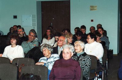 at a meeting
Left to right, front to rear:
Maja Filevskaja, Evgenia Gurin-Loov, Dina Slutsk, Svetlana Blomberg (Jatzkina), Elchonen Saks, Avi Dobrusch,  Fanja Shkutko, Diana Aronstam, Ilja Sundelevitsch 

