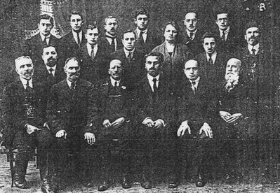 Tartu community leaders
Left to right.
Sitting Eliahu Usvanski, Leib Kropman, Community (kahal) leader Ch. Selmanovitsch, Kruskal, Jacob Kropman, Jakobson
Middle row: Mendelev, Maks Judeikin, Beka Jakobson, Bluma Epstein, Israel Grobin, Schur
Top row: ?, ?, Nosson Gens, ?, Leib Levitin, ?
Keywords: [unknown]