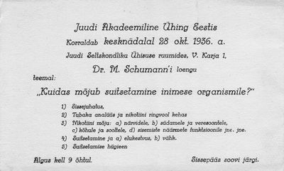 Invitation to the lecture "How smoking influences the human body" (Dr M. Schumann) - 28/10/1936
