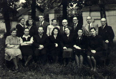 Doctors graduates of the Philosophy department
20/7/1949. The group of doctors graduates of the Philosophy Department of the ВУМЛ (Вечерний Университет Марксизма-Ленинизма - the evening department of Marxism-Leninism)
Left to right.
Standing:  ?, ?, Dr Abram Tuch, Dr Tsilla Lapidus (Taits)?, Dr Mordechai Bassel, Dr Moissei Lapidus?, Dr Michail Kolomoitsev. Dr Iosif (Jascha) Rubanovitsch
Sitting: Dr Betti Aronstam, ???
Keywords: [T] [R] [K] [A]