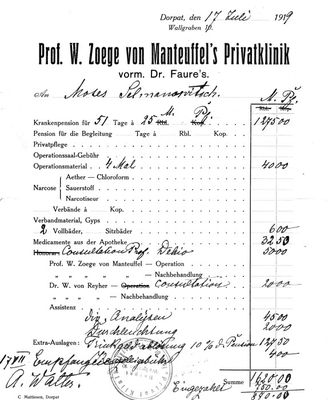 The bill for the medical services in the Tartu private hospital - 17/7/1919
Given to Moses Selmanovitsch
