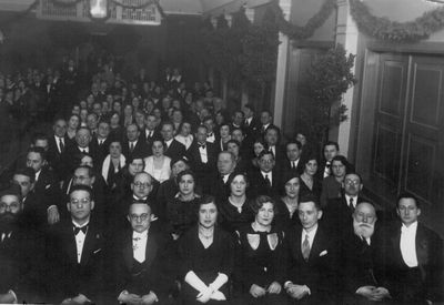 1934-3-24 - 50 Jubilee
Left to right.
Second row: ?, Julius Gens, ?, Bertha Gens (Maltinski)
First row: Rabbi Mostovski, Blumenfeld, G. Aisenstadt, ?, Rosa Glikman, Abram Glikman, Jakobson, ?
