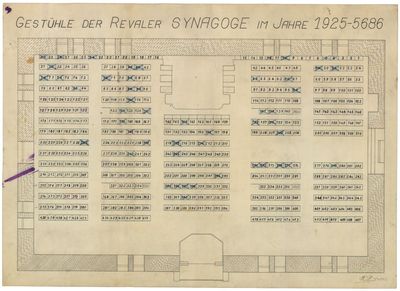 Plan of the inner of the Tallinn Big synagogue with marked purchased seats - 1925
