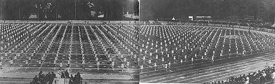 Estonian gymnastics and sport games in Tallinn - 17/7/1934 (Üleriiklikud võimlemis ja spordimängud.)
Children from various schools performing. On the left half of the picture in the first row (marked with X) stands Riva Itzoch. The Jewish gymnasium was standing in the first row. 
