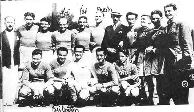 Maccabi football team - Tallinn - 1939
Top row from left: Benjamin (Haim) Kitt; Luri; Rybka; Scher: Leo Goldmann; Josef Pakkin; trainer Kaljot; David Raichman; Pertel; M. Heimann; Kopa Koslovski;
At the bottom: Meir Levin; M. Beilinson; Jascha Klutschik; B. Heimann; Maslovski
