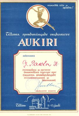 Diploma for the  activities in preparation to Estonian sport games in July 1958
Diploma given to Josef Pakkin
