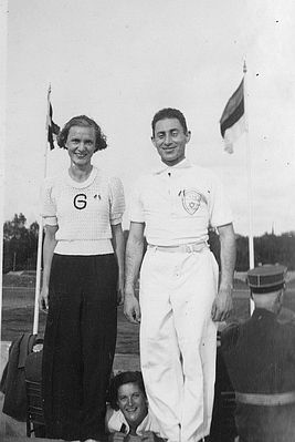 Maccabiah
Gymnastics team leaders (Estonian gymnastics teacher Gerta Bader (Paduri)), Hirsch (Poisik) Meiertal
