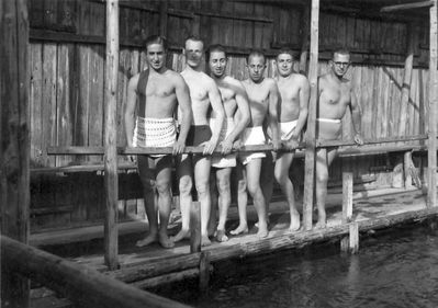 Swimming team
Left to right: Lazar Rosenberg, Stein, Meiertal, Benjamin (Haim) Kitt, ?, Solomon Judeikin
