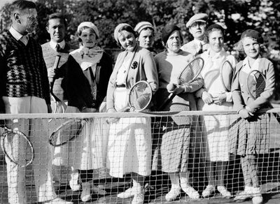 Tennis team to the second Maccabiah games in Tel-Aviv (1935)
Most of the team simply used the games to remain in Palestine. As far as we know, there was noone actually competing in the games.
Second from the right - Bella (Blanda) Hirschfeldt (later Racov)
