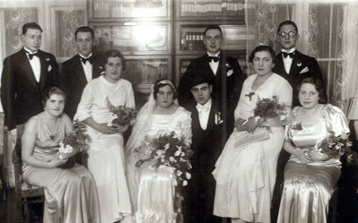 Wedding of Dina Kitt (Stumer, nee Citron) and Solomon Stumer - Tallinn, October 1935
Left to right.
Sitting: ?, ?, Dina Kitt (Stumer, nee Citron), Solomon Stumer, Berta Goldmann (Stumer), ?
Standing: ?, Zemach Stumer, Efraim Goldmann, Salman Citron
