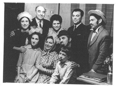 1966~ ''Mazl tov'' - Tallinn Jewish theatre
"Mazal Tov" by Shalom Aleichem. Producer Ben Drui.
Standing (left to right): Avigail Scherman, Caesar Malkin, Berta Danzig (Itskovitsch), Ben Drui, Isaak Beilinson
Sitting: ?, Sima Libman, Jossif Schaikevitsch, ? 
Keywords: [history]