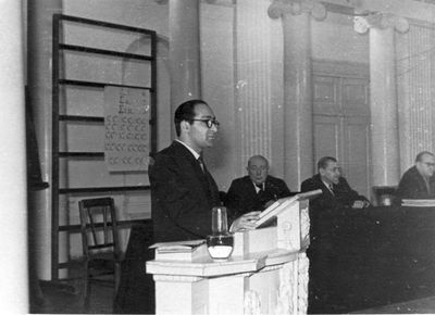 Tartu - 1959 - Tartu university
Shimshon Baron defending his thesis in mathematics (кандитатская диссертация). Opponents  (from left): Prof. H. Jaakson, Prof. B. Rymarenko, Dots. A. Mitt
