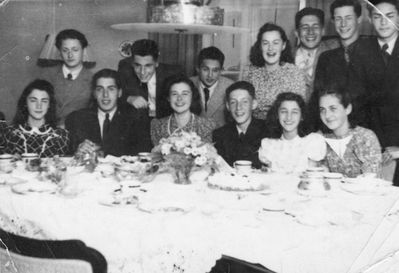 Tartu - 1940. Youth group 1940
Left to right.
Sitting: Ruth Kolovsky, Isi Trapido, Anni Kropman, ?, Annele Kolovsky, Lia Oreshkin (Beltschikov)
Standing: Emmanuel Nodel, ?, Tolja Kremer, Nata Koblenz, ?, Mischa Usvanski, Goda Kolovsky

Birthday of Anni Kropman 11/5/1940 
Keywords: [K] [T] [B] [N] [U]