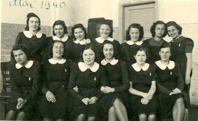 Tallinn - 1940. Jewish gymnasium - 1940 graduation girls
Left to right.
Top row:  Ljuba Sack, Judith Issurin, Sara Scher, Beila  Haitov,  Riva Kantor, Eugenia Loov (Gurin), Zilla Joffe (Beltschikov)
Bottom row: Mirjam Kolomoitsev, Dina Slutsk, Mascha Levin (Grinstan), Hessi Kitt (Pozaisky), Tamara Jankelson, Rebecca Mletschin
