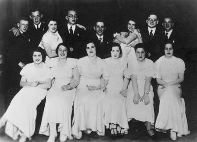 Tallinn - 1934.  Jewish Gymnasium 8th graduation year - 1934
Left to right
Sitting: Lidia Sapir (Vigderhause, b. Markovitsch), Basja Steinberg (Baskin), Sara Bujanover (Citron), ?, Sima Gorin (Slosin), Hanna Lopavok (Strasch)
Standing: ?, Mendel Grinstan, Berta Danzig (Itskovitsch), ?, ?, ?, Regina Trapido (Amitan), ?, Gedalie Migdal

Probably on the picture other graduates:  Bronislava Dymschits, Solomon Gerschanovitsch, Berta Jankelson,  Abel Scher, Moses Scher
