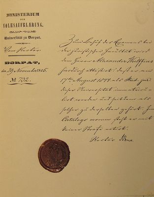 1845 - Alexander Wulffius - Tartu University graduation paper - 29/11/1845
Keywords: [history]