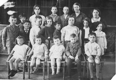 Tallinn - 1938.  Jewish (yidish) Kindergarten ~ 1938
Left to right.
Top row: Basja Meiertal (Schneeberg) (1906-1993) the yidish teacher in preparatory school, ?, ?, ?, Fanja Dubovski (The Kindergarten director)
Middle row: ?, Abramovitsch (behind), ?, Meische Dubovski, Sima Libman (Rogovski), ?, Sonja Svidgal, Abramovitsch, ?
At bottom: ?, ?, ?, ?, Osja Nasalevitsch     
