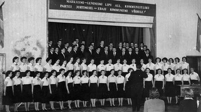 The choir of the Tallinn school #2 (Reaalgümnaasium)
2nd row from top, 3d from left - J. Paturski. The slogan above the stage: "Under the banner of Marxism-Leninism, under the leadership of the Communist Party - forward to the victory of communism!"
