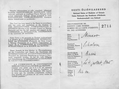 The National Union of Students of Estonia - a membership card of S. Minkov (1928)
