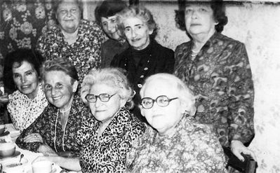 School girls after many years
Left to right.
Sitting:  Ester (Fira) Hanson (Klas), ?, Berta Danzig (Itskovitsch), Lia Levartovski (Ehrenstein)
Standing: Mascha Levin (Grinstan), ?, ?, Bronislava (Boba) Golomb (Dymschits)
Keywords: [unknown]