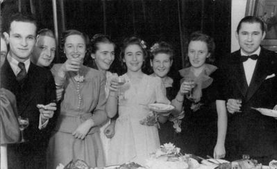 Gutkin Renate marriage (~1939)
Left to right: Maria Smelkov (half face), Savel Kletski, Anatoli  Sergeevitsch Smelkov, ?, ?, Sara Levenschuss (Schats), Renate Aisenstadt (Gutkin), Resi Goldmann (Wasserman), Motte Danzig
Keywords: [D] [W] [S]