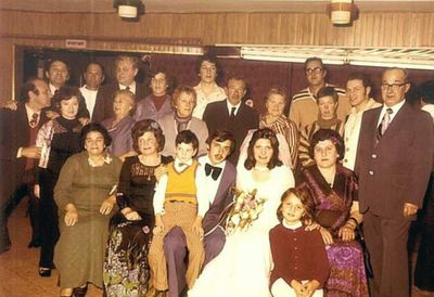 Schuchman Gleser wedding 10/3/1977
Left to right.
Sitting: Jetti Beilinson (Gleser), Pessi Gleser (Permand), Dan Beilinson, Gennadi Schuchman, Debby Schuchman (Gleser), Ruth Beilinson, Frieda Schuchman
Standing: Leopold Beilinson, Hirsch (Hiki) Gleser, Julja Beilinson, ?, Ljuba Amitai (Gleser), Samuil Rybak, Ljuba ?, Dorit Levin, Iljon, Alik Gleser, Iljon, Dussi Levin (Rivnai), Mark Rybak, Tova Rivnai, Jamini (Benjamin) Rivnai, Pessach Schuchman  
