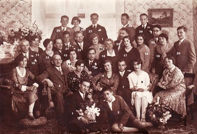 Luvistsuk wedding or engagement - 1929
1 - Schmaria Tamarkin, 2 - Aron Tamarkin, 3 - ?, 4 - Moische-Aron Kamenovski, 5 - Tsila Tamarkin (Klas-Glass), 6 - Hana-Scheine Luvistsuk (Kamenovski), 7 - Aba Luvistsuk, 8 - Anna Kamenovski, 9 - ?, 10 - Mark Kolovski, 11 - ?, 12 - Maria Kamenovski (Klompus?), 13 - Leo Kliksberg, 14 - ?, 15 - ?, 16 - Tsila Tamarkin (Glass) mother, Rezi Tamarkin?, 18 - Miriam Tamarkin, 19 - ?, 20 - Ruvim Kamenovski, 21 - ?, 22 - Zvi Hirsch Kamenovski, 23 - ?, 24 - ?, 25 - ?, 26 - Miriam Usvanski (Gabovitsch), 27 - ?, 28 - Elimelech (Mischa) Bakscht, 29 - ?, 30 - ?
