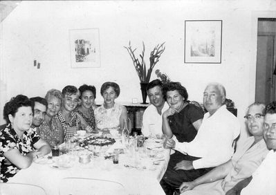 Tallinn Jewish gymnasium "pupil" gathering in Israel with visiting  Anna Klas from Tallinn
Left to right: Riva Frenkel (Itzoch), ?, Dora Ben-Shmuel  (Haitov), Riva Kaner (Haitov), Yamima Rom (Gurevitsch), Anna Klas (Gurevitsch), Asher (Osja) Ben-Shmuel (Itzoch), Fanni Glickman (Jakobson), Milik Glickman, ?, ?
