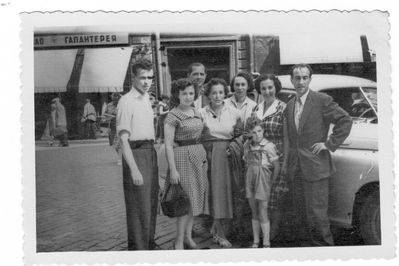 Klas family - Tallinn, end of 1950's
Left to right.
Eri Klas, Gaby Bernstein (Klas-Glass), Hermann Meiertal, Sophie (Sosja) Heinrichs (Klas-Glass), Anna Klas-Glass (Gurevitsch), Reeli (Reni) Klas-Glass (Citron), Leopold (Lolo) Klas-Glass, boy - Eduard Klas-Glass.
