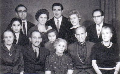 Vigderhaus family 1960 Tallinn
Left to right, bottom up:  Raiza Vigderhaus, Avi Rusinov, Rafael Rusinov, Pinhas Avigdori (Vigderhaus), Dveira Rusinova, Mirjam Vigonski, Zalman Rattut, Ester Rattut, Shulamis Vigderhaus, Shmuel (Mula) Avigdori (Vigderhaus), Zalman Vigderhaus, Ida Vigderhaus  
Keywords: [R] 