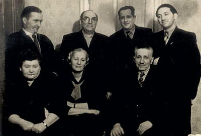 Gleser, Levin, Rosenblum etc - 1957
Sitting: Rosa Kesamaa (?), Raja Meiertal (Rosenblum), Abram Rosenblum
Standing: Oskar Gleser, Aleksander Gleser, Hemi Levin, Hiki Gleser  
