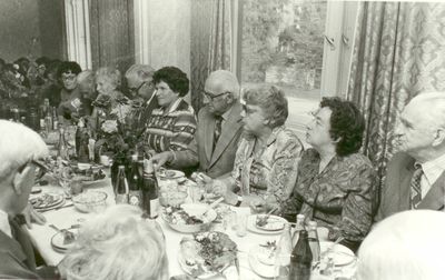 Celebrating
Left to right: Jusa Gelb (Rubinstein), Schmuel Saltsman, Dina Saltsman (Goldberg), Abram Danzig, Berta Danzig (Itskovitsch), Lev Trapido, Gina Trapido (Amitan), Bronislava (Boba) Dymschits, Geha Lipavski
