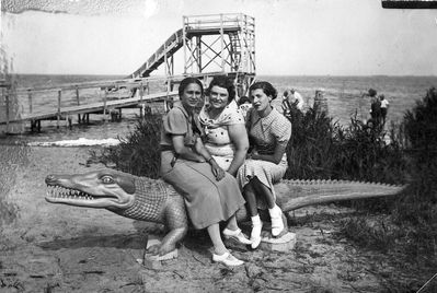 At the beach
Left to right: Marjascha Goldberg (Raichman), Miriam Usvanski (Gabovitsch), Nansi Edelhaus  
Keywords: [G] [R] [E]