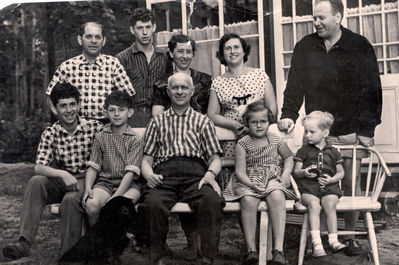 Koslovski and Randvee families - 1960
This is me [Rachel Randvee] and my family in our summer house in Vosu. The photo was taken in 1960.
Standing in the upper row (left to right): Yakov Koslovski, Hesse Koslovski, Riva Koslovski, nee Tsivian, myself and my second husband, Tarmo  Randvee. Sitting in the lower row (left to right): Gabriel Koslovski, Pesach Koslovski, Hirsh-Leib Tsivian, Ene Randvee and Riho Randvee.
Keywords: [R]