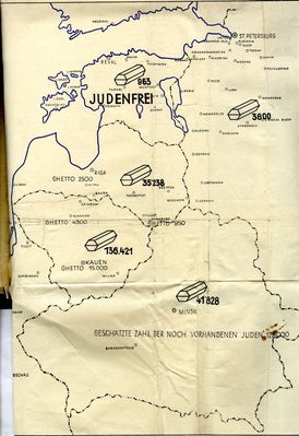 1942 - Estonia is "Judenfrei"
Map from Stahlecker's report entitled "Jewish Executions Carried Out by Einsatzgruppe A" and stamped "Secret Reich Matter." It shows the number of Jews executed in the Baltic States and Belorussia in 1941. The legend at the bottom states that "the estimated number of Jews still on hand is 128,000." 
Keywords: [history]