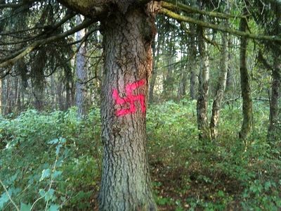 Swastikas on a path leading to the Klooga camp memorial - September 2010
