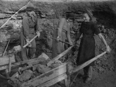 1941 June deportations by Soviets
People deported from Tallinn working in Kirov Oblast, the Sovetski stone quarry, 1941. On the picture from left to right: silversmith Isser Goldmann (born in 1919), his wife, student Sore-Reize (born in 1919) and Kaare Liblik, wife of a police constable (born in 1906).

Tallinnast küüditatud inimesed töötamas Kirovi oblasti Sovetski kivimurrus 1941. aastal. Pildil vasakult hõbesepp Isser Goldmann (s. 1919), tema abikaasa, üliõpilane Sore-Reize (s. 1919) ja politseikonstaabli abikaasa Kaare Liblik (s. 1906).

                 From the Tallinn Okupatsioonimuuseum site
Keywords: [com1960]