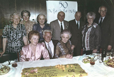 Dina and Schmuel Saltsman Golden wedding - Tallinn, 1987
Left to right: 
Standing: Frida Haitov (Krakusen), ?, Zipa Levin (Bovschover), Bentsion Levin, ?, Regina Trapido (Amitan), Lev Trapido
Sitting: Dina Saltsman (Goldberg), Schmuel Saltsman, ? 
