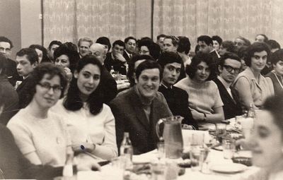 1971 - Tallinn youth at J. Schaikevitsch 50th jubilee after performance of "Anne Frank" - 3/1971
Facing us, left to right. Lena Kon, Ester Levin, ?, David Schechtmeister, Dina Schechtmeister (Revzin), Evgeni Garder, Zanna Aronstam (Olivson), Sveta Segal (Nezhinski)
