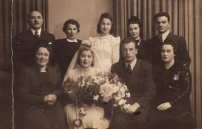 Wedding of Boris Beilinson and Charlotte Lurje. 1940.
Standing: Oskar Kljas, Sara Kljas (Epstein), Stella Ginovker (Beilinson), Irene (Njuta) Ginovker (Beilinson, nee Kljas), Moissei Beilinson
Sitting: Belja Beilinson (Barenbaum), Lotte (Charlotte) Beilinson (Lurje), Boris Beilinson, Tanja Hell 
