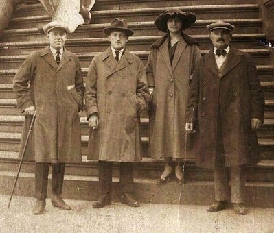 Binmanns and Brodovski in 1922
A newly married, Harry Binman stands on far left, his Iowa Uncle Harry Feine on far right. The photo was taken in the fall of 1922 before they returned to United States November 1922. Harry and Rose had been married in Estonia earlier that summer. The young couple between them was Harry Binman’s first cousin Esther Schein (1900 – 1985) and her husband Dr. Moshe Brodovski (1890 – 1937). They had been married in 1921. 
