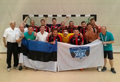 Futsal team got the Bronze medal. After the game with Lithuania with loyal fans.
Команда по футзалу после победы над Литвой! Обладатели бронзы Маккабиады в Берлине!
Left to right. First row: Avi Dobrysh, Anatoli Orlov, Jakov Tsirkin, Semjon Brener, Anton Gramberg, Juri Frischer, Ilja Shterenberg, Aleksandr Berg, Vadim Rõvlin
Second row: Rene Rannamägi, Mark Dubinin, Semjon Turok, Sergei Balbutski, Maksim Konovalov, Leonid Turok, Aleksandr Kvits

