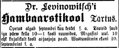 Levinovitsch Daniel - 1909 - opening of a dentist school in Tartu, Magasini str.
