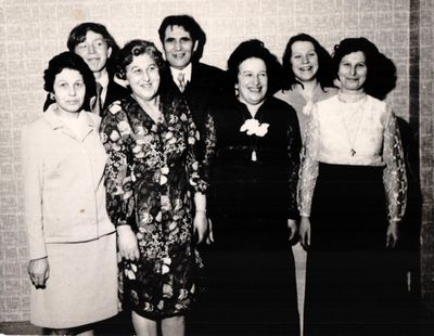 Naimark sisters at Roche-Lea 50th Jubilee in 1974.
Left to right: Jente-Selde Küppe (Naimark), Harry Naimark, Haja-Miriam Spoljanski (Naimark), Naum Spoljanski, Rochel-Lea Naimark, Ruth Pegel (Kuremaa),  Liebe-Dina Kuremaa (Naimark)
